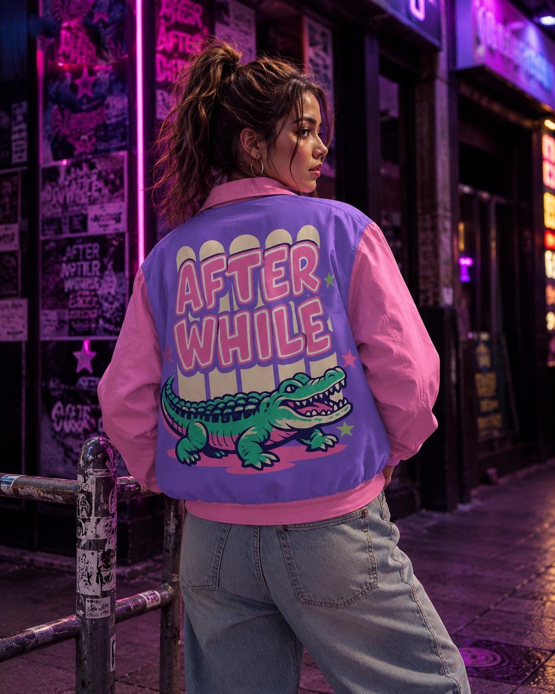 After While Retro Alligator Varsity Jacket: Pastel Y2K Streetwear Bomber Coat