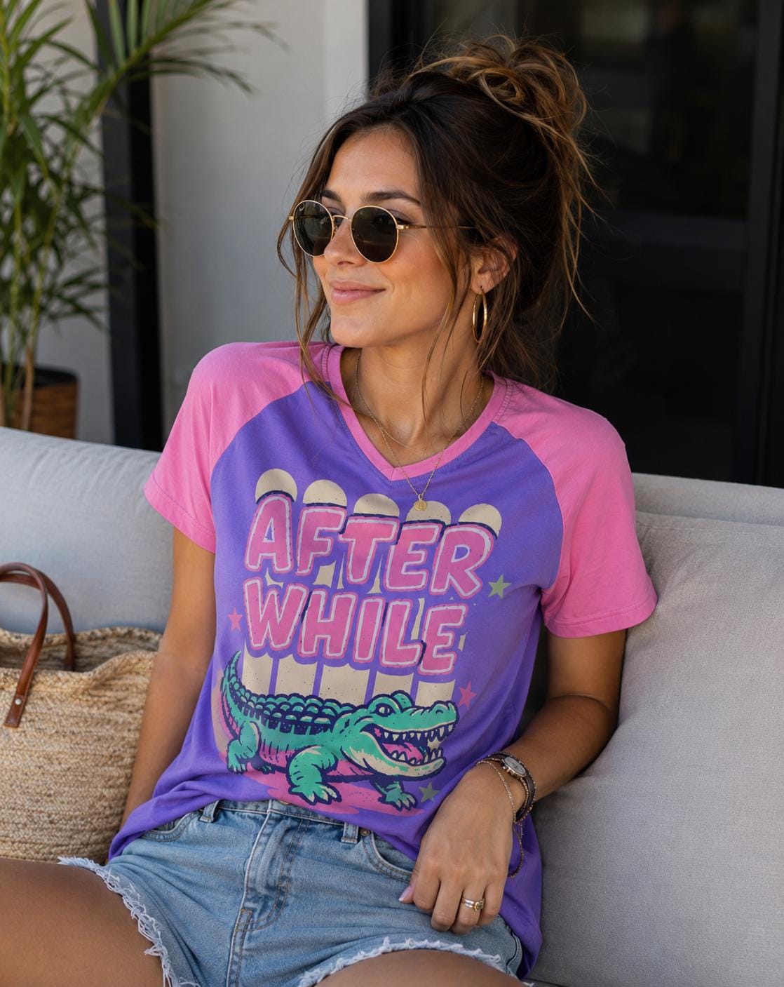 Retro Alligator Graphic T-Shirt, Purple Pink Y2K Pastel Tee