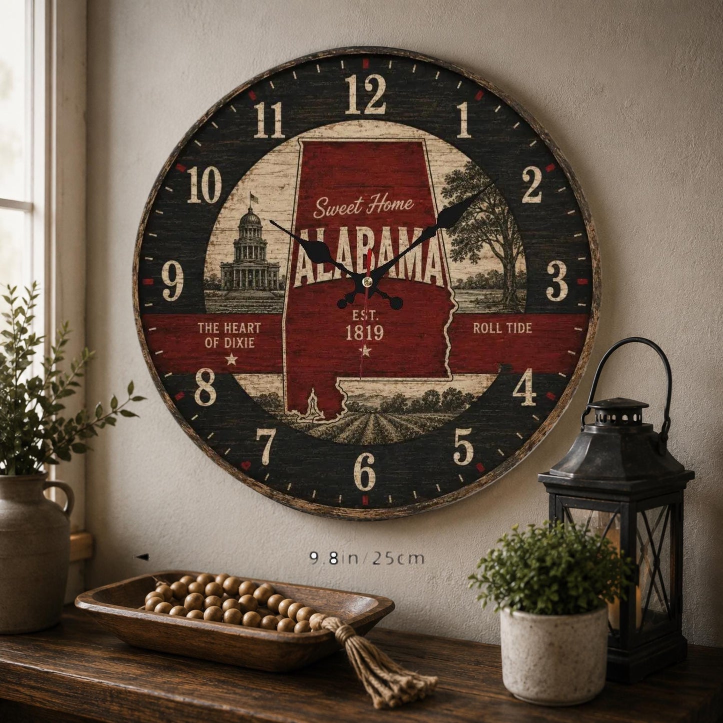 Alabama Rustic Farmhouse Wall Clock, Southern Vintage Decor, Roll Tide Art