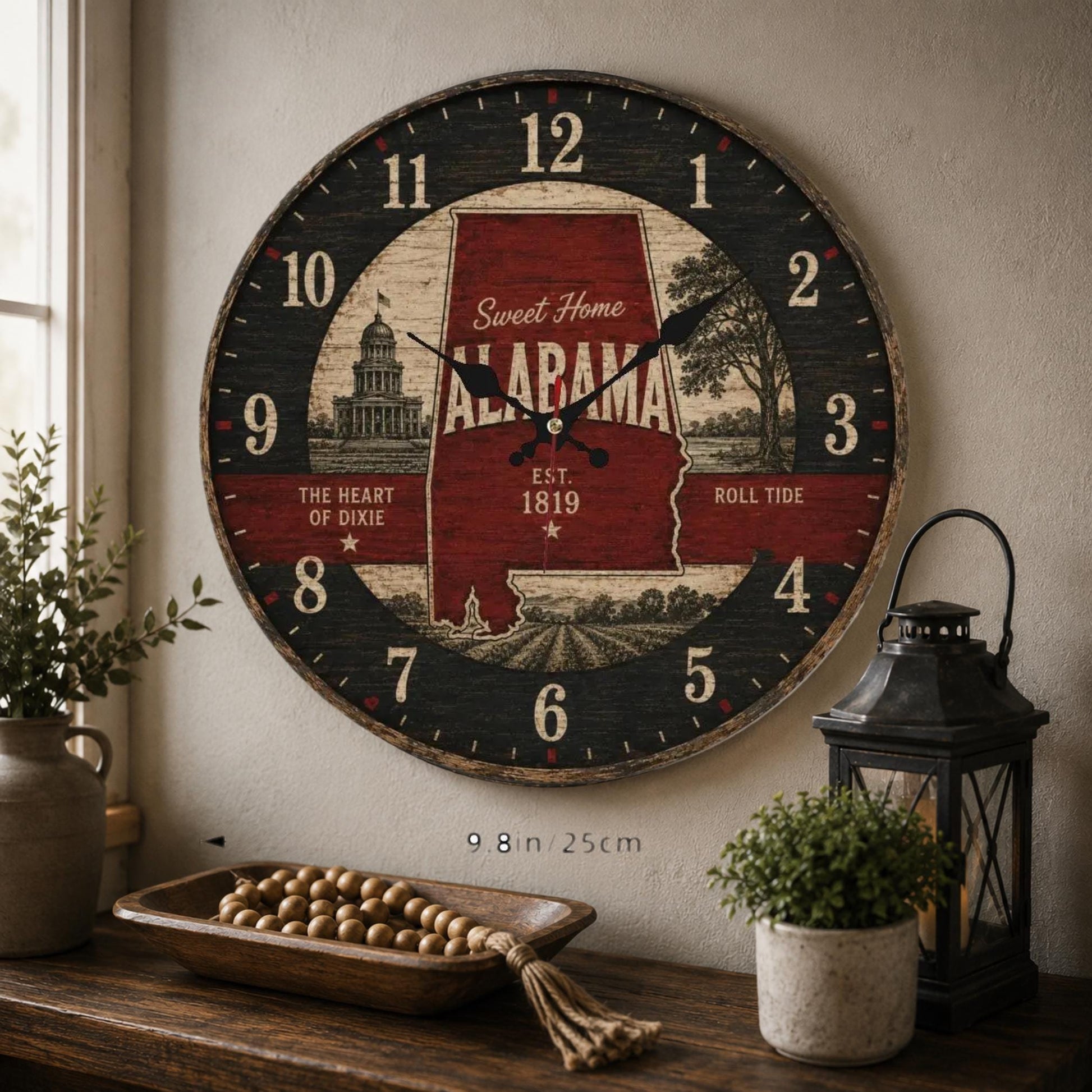 Alabama Rustic Farmhouse Wall Clock, Southern Vintage Decor, Roll Tide Art