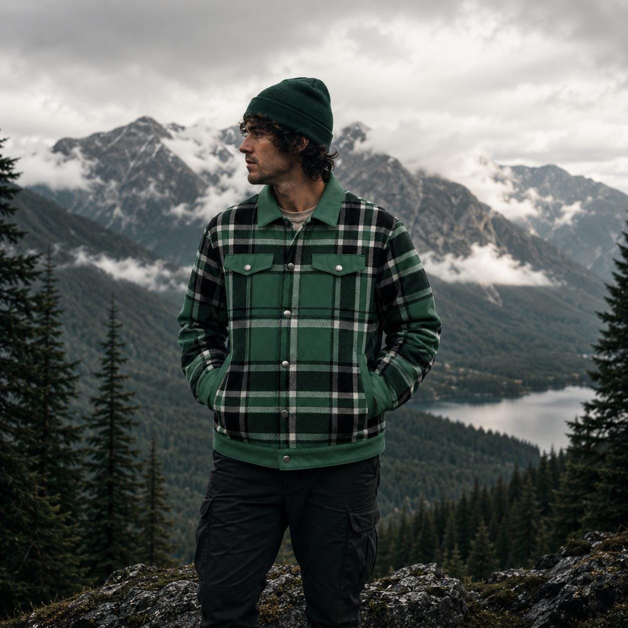 Forest Green Plaid Flannel Shacket Jacket for Women Men – Take A Hike Outdoor Jacket, Hiking Shacket, Cabin Core Coat, Mountain Aesthetic