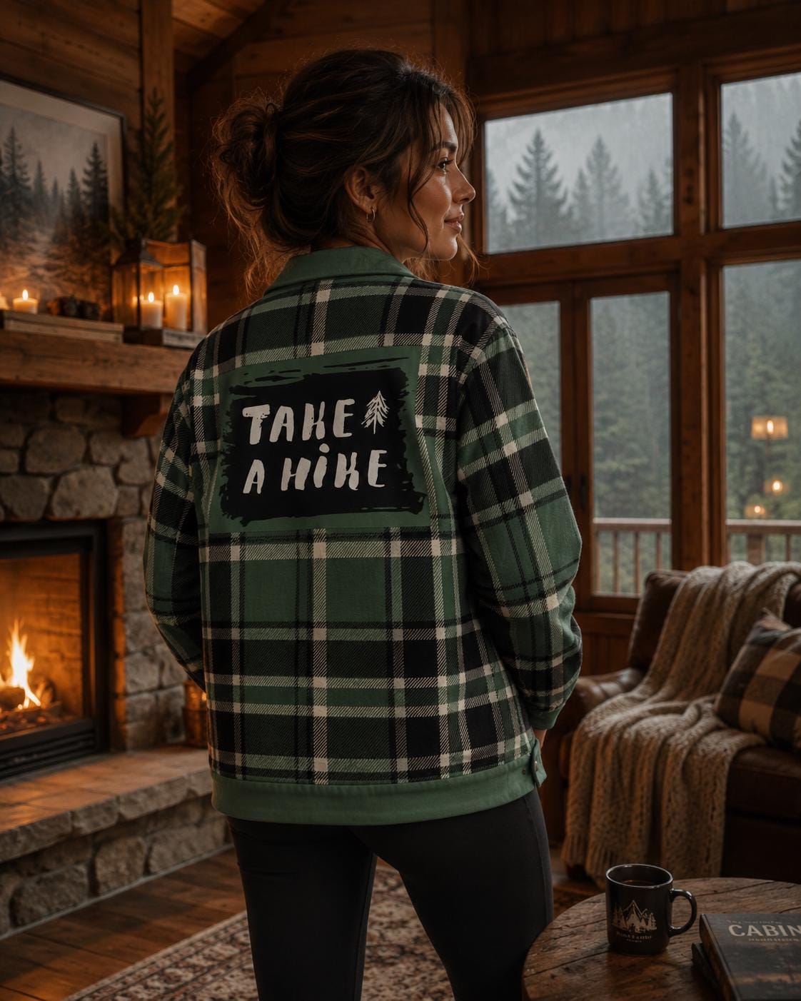 Forest Green Plaid Flannel Shacket Jacket for Women Men – Take A Hike Outdoor Jacket, Hiking Shacket, Cabin Core Coat, Mountain Aesthetic
