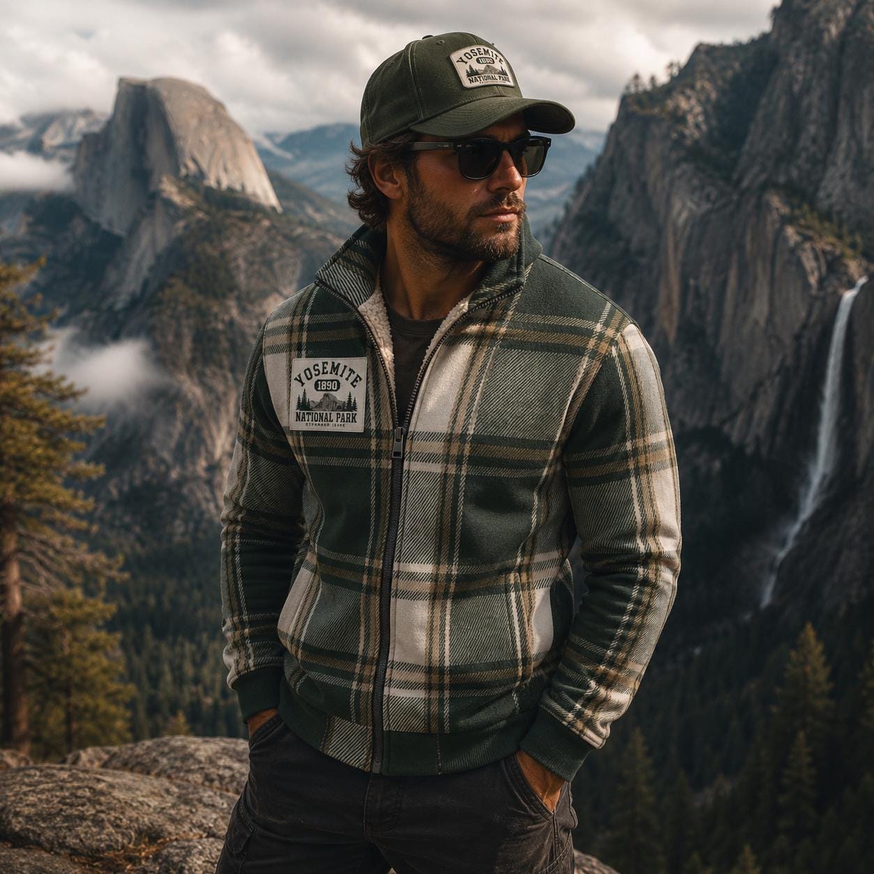 Yosemite National Park Men’s Thick Knit Fleece Jacket – Plaid Sherpa Lined Outdoor Zip Up Jacket, Cabin Hiking Coat, Mountain Winter Jacket