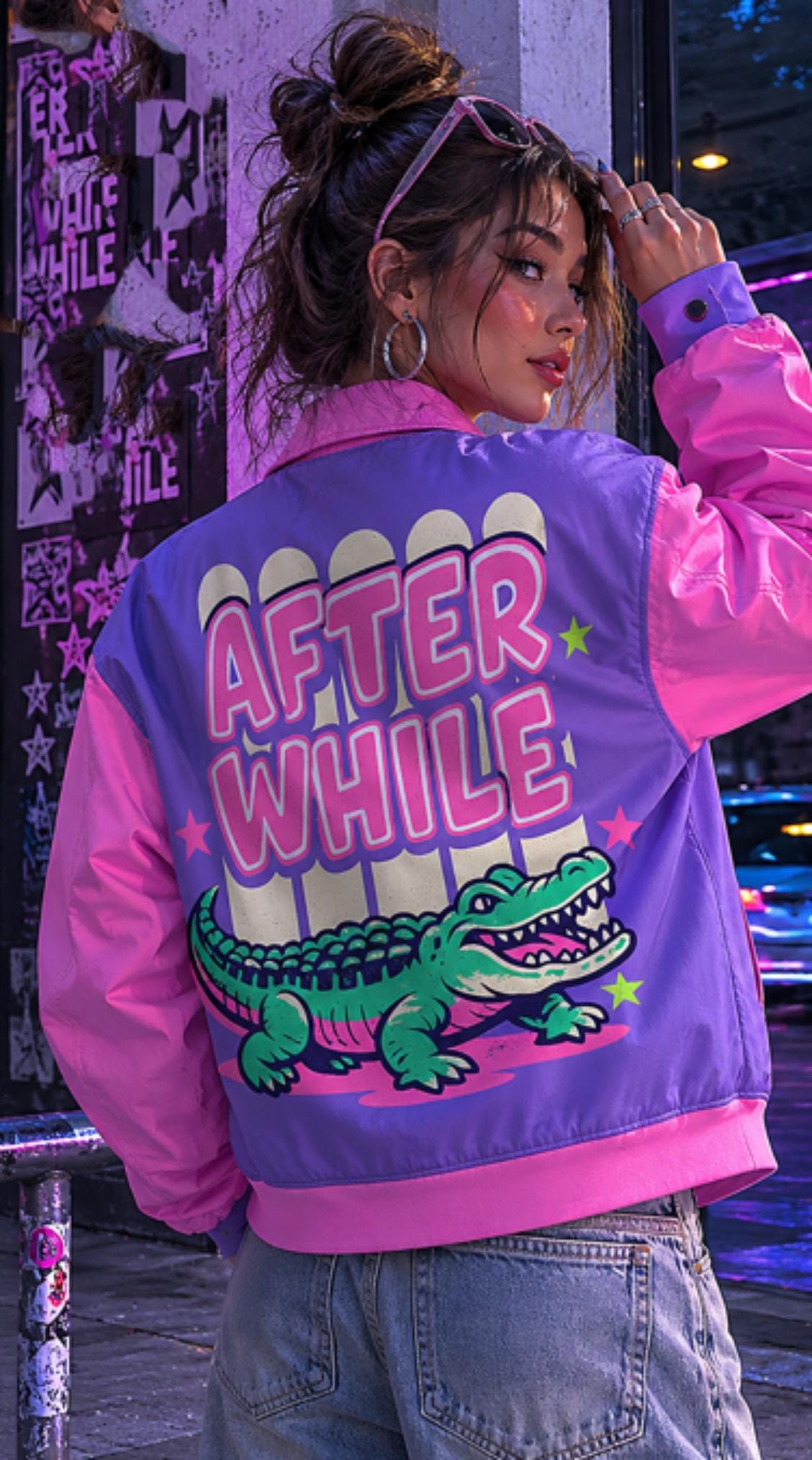 After While Retro Alligator Varsity Jacket: Pastel Y2K Streetwear Bomber Coat