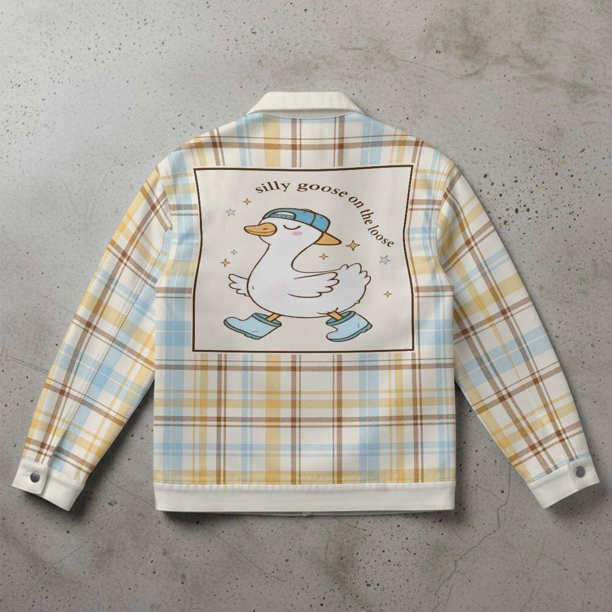 Silly Goose Plaid Jacket, Pastel Tartan Graphic Coat, Cozy Vintage Streetwear