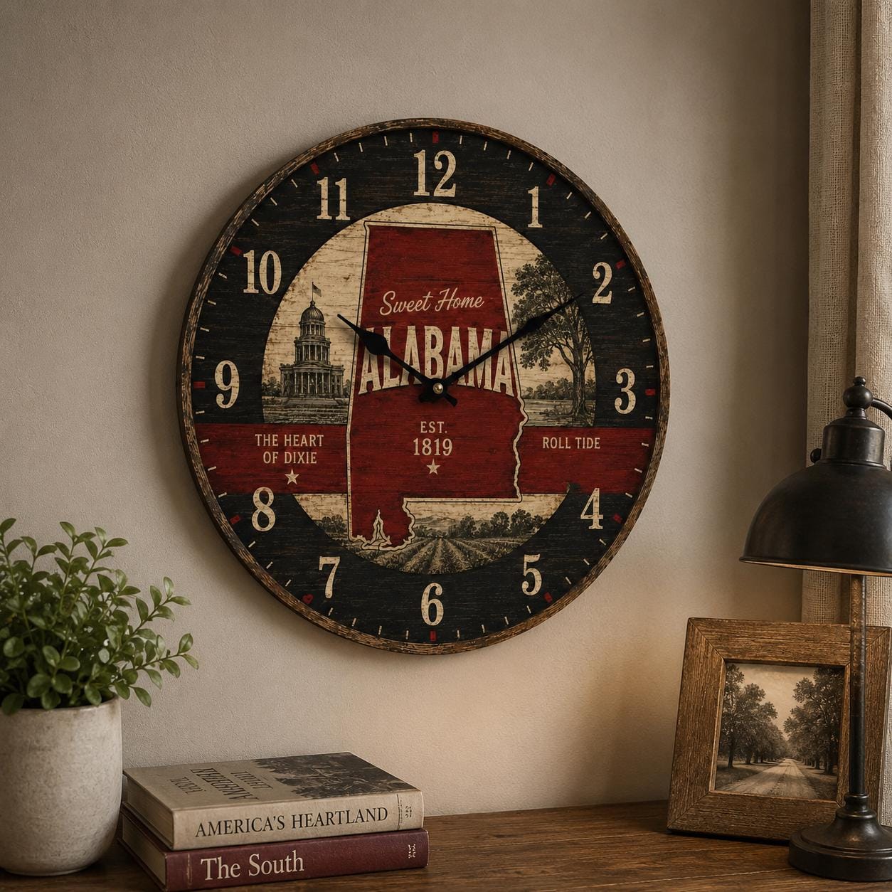 Alabama Rustic Farmhouse Wall Clock, Southern Vintage Decor, Roll Tide Art