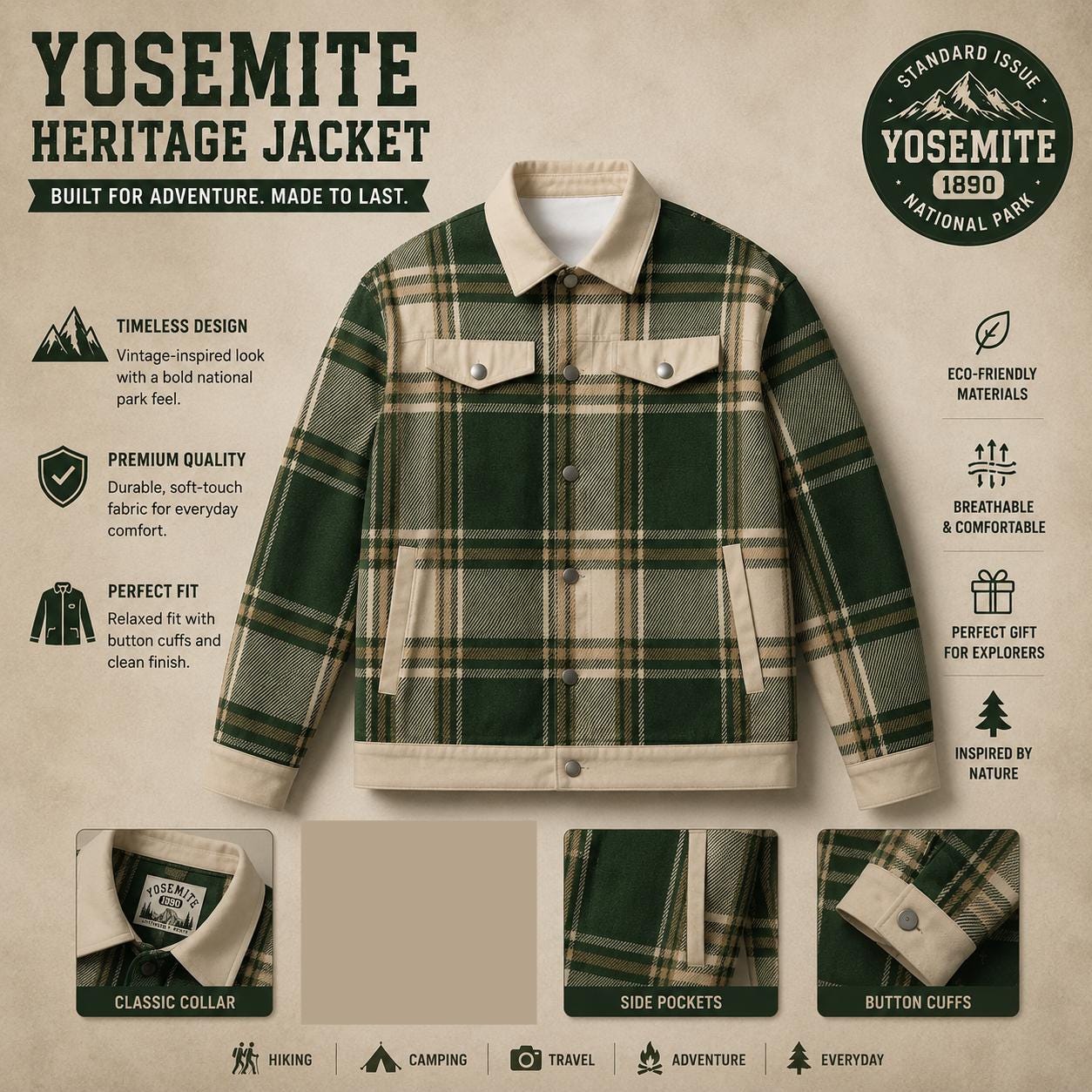 Yosemite National Park Plaid Shacket, Vintage Outdoor Adventure Heritage Coat