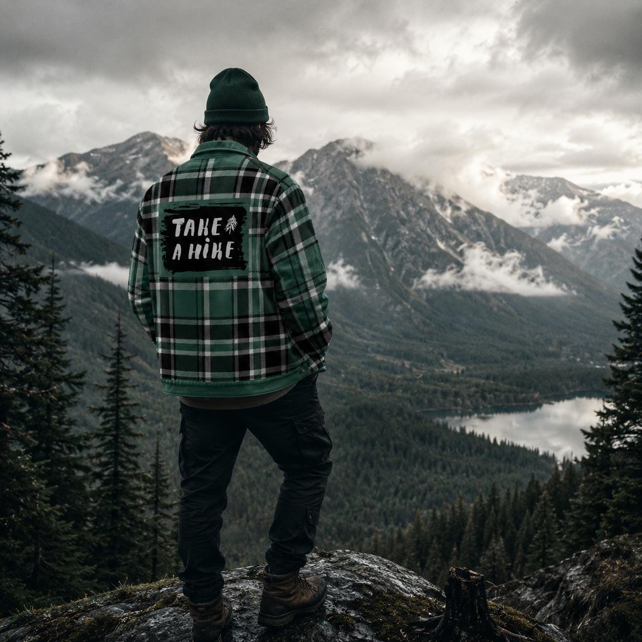 Forest Green Plaid Flannel Shacket Jacket for Women Men – Take A Hike Outdoor Jacket, Hiking Shacket, Cabin Core Coat, Mountain Aesthetic