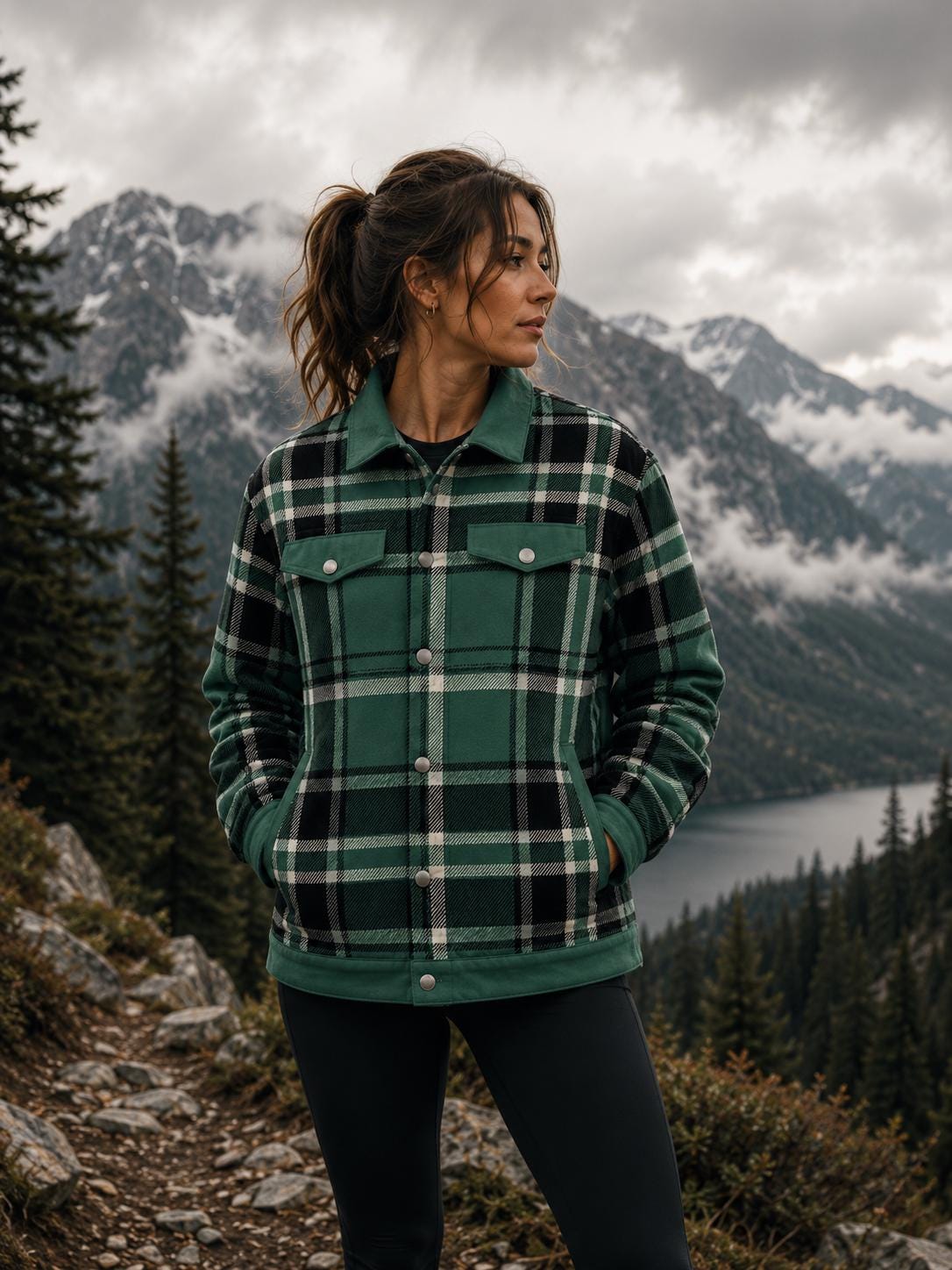Forest Green Plaid Flannel Shacket Jacket for Women Men – Take A Hike Outdoor Jacket, Hiking Shacket, Cabin Core Coat, Mountain Aesthetic