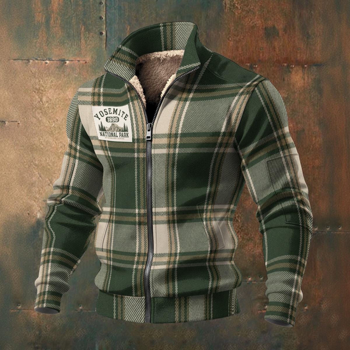 Yosemite National Park Men’s Thick Knit Fleece Jacket – Plaid Sherpa Lined Outdoor Zip Up Jacket, Cabin Hiking Coat, Mountain Winter Jacket