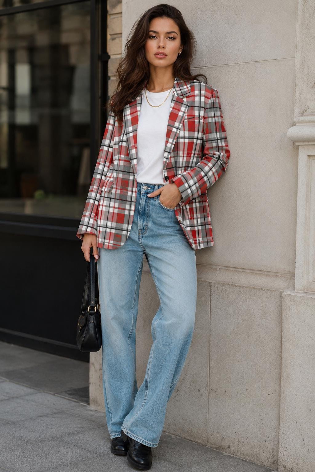 Ohio Red Tartan Plaid Women’s Blazer – Preppy Chic Jacket, Old Money Style Plaid Coat, Game Day Fashion Blazer, Elegant Streetwear Jacket