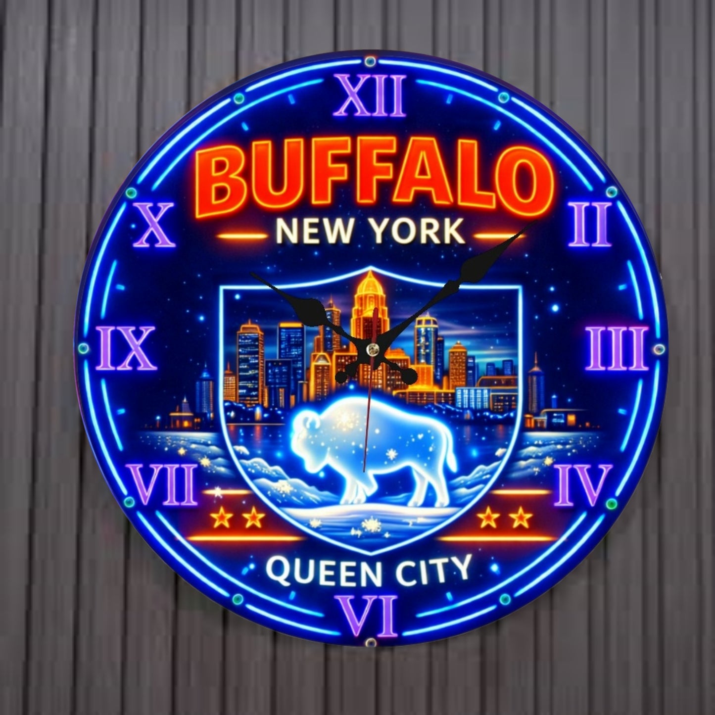 Buffalo New York Neon Wall Clock – Queen City Skyline Design