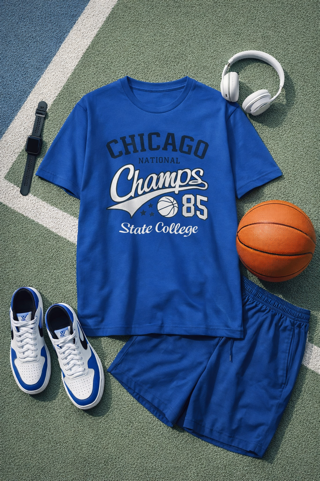 Blue t-shirt with 'Chicago Champs 85 State College' text, shorts, sneakers, basketball, and headphones on a sports court.