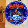 Gray Buffalo New York Neon Wall Clock – Queen City Skyline Design