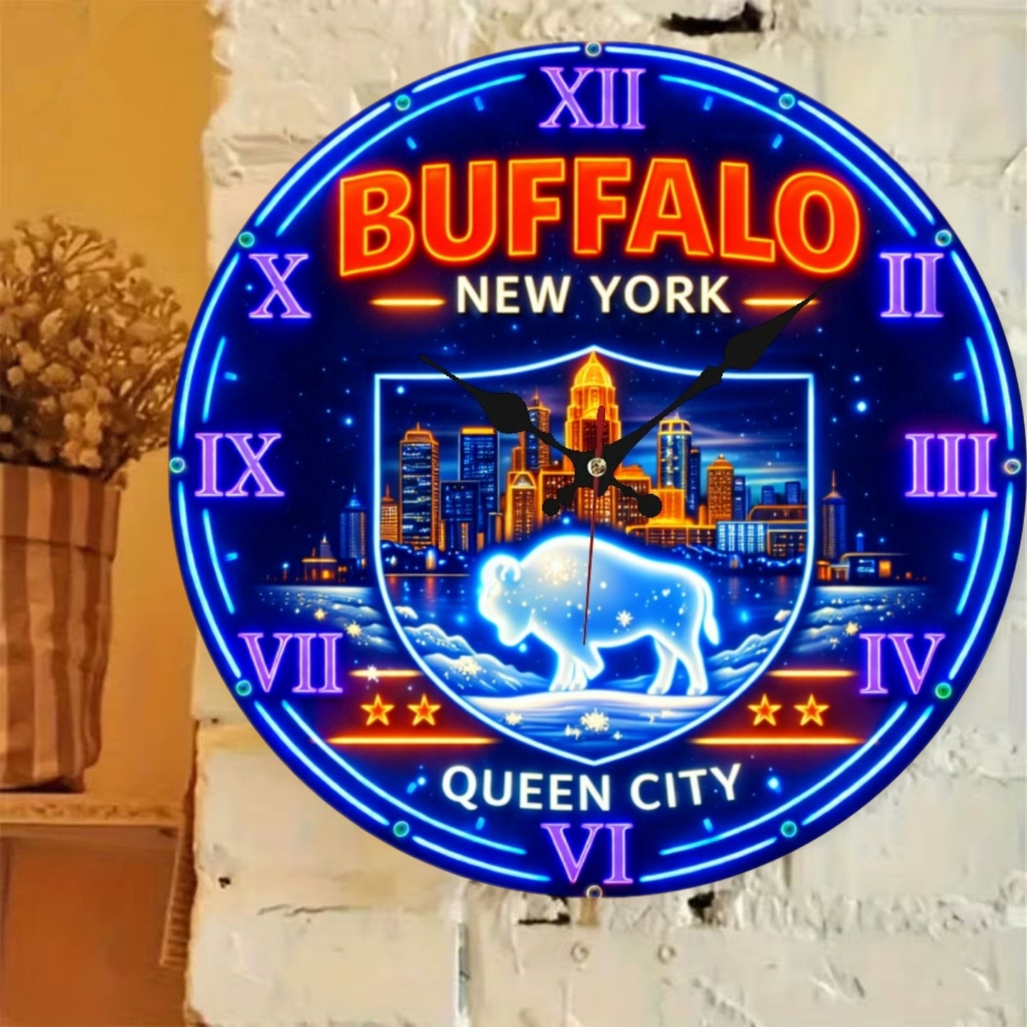 Buffalo New York Neon Wall Clock – Queen City Skyline Design